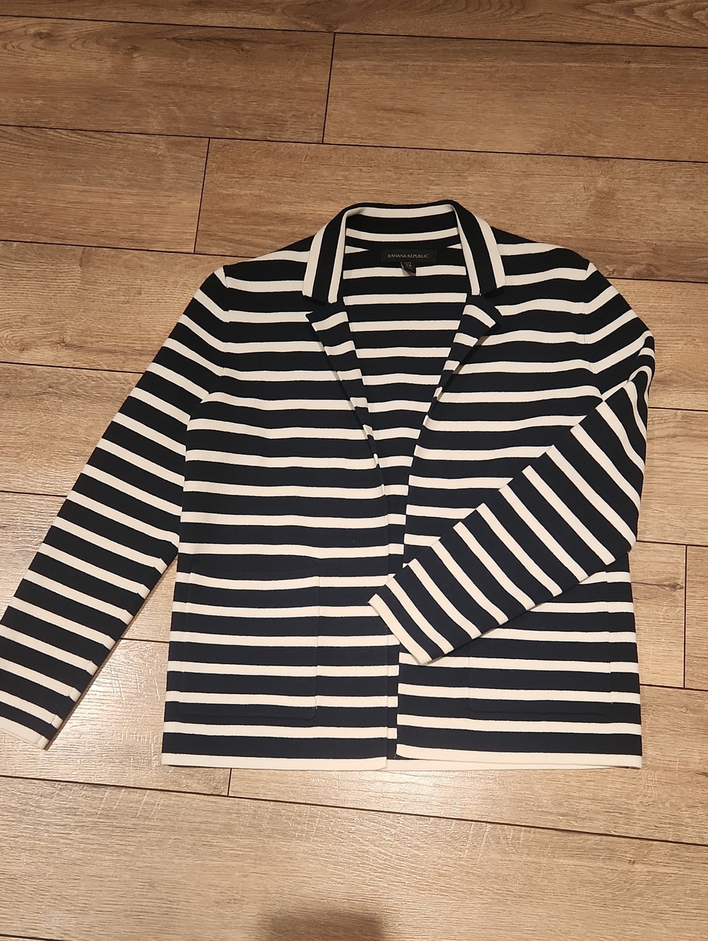 Banana Republic Navy & White Striped Tailored Open-Front Blazer